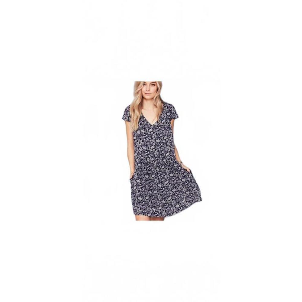 Garnet Hill Women's Navy Blue Floral Dress V Neck Short Sleeve Pockets Size 14